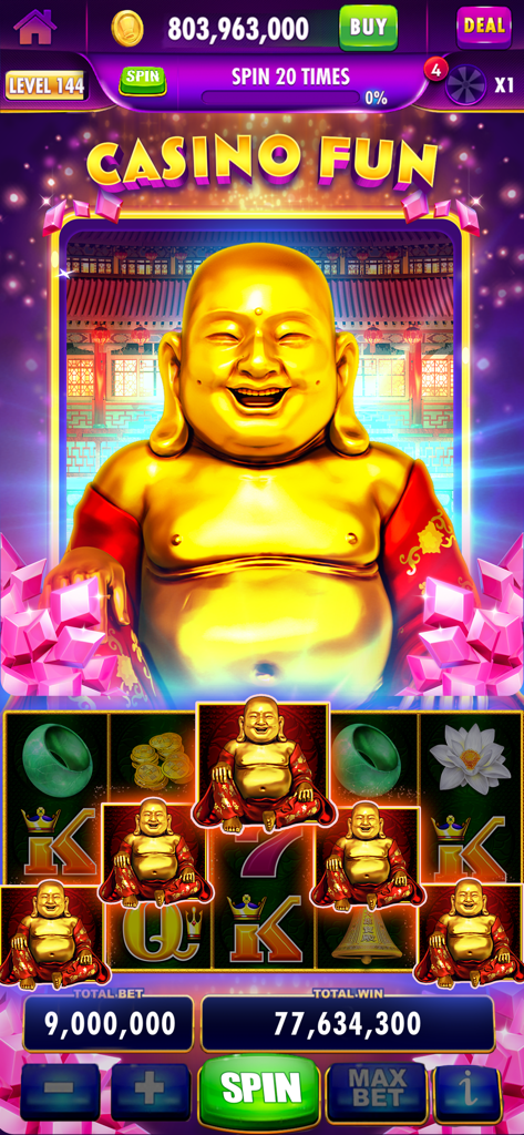 Cashman Casino Slots Games - Tela de jogabilidade do Cashman Casino Slots apresentando um grande personagem de Buda dourado e cilindros de slot vencedores