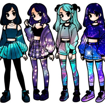 one girl with crop-top shirt and a jacket with a skirt, long socks and another girl with a shirt and pants with a jacket