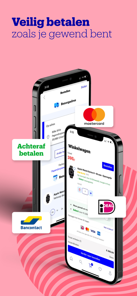 Bol app showing checkout screens with various secure payment methods like Mastercard iDEAL and Bancontact