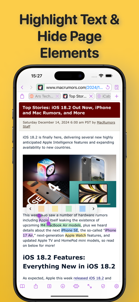 iCab Mobile (Web Browser) - Una captura de pantalla del navegador web iCab Mobile mostrando un artículo de noticias con varias líneas de texto resaltadas en diferentes colores utilizando la herramienta de resaltado integrada.