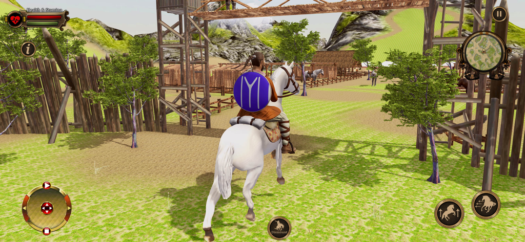 Warrior of Epic Ancient Battle - Un guerrero montando un caballo blanco en un campamento de la tribu Kayi con un escudo IYI azul