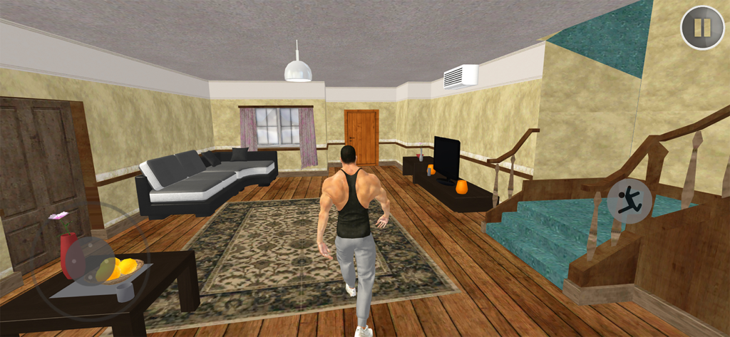 A third-person view of a muscular character exploring a modern living room inside a house in the Go To Town game.