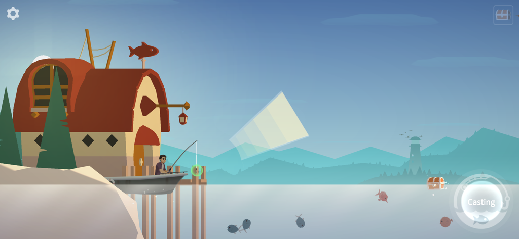 Ein Mann angelt von einem kleinen Boot neben einem gemütlichen Haus an einem Dock mit Bergen und einem Leuchtturm in der Ferne.