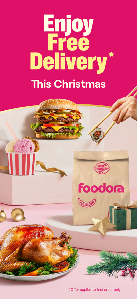 Foodora Weihnachtsaktion Banner mit kostenlose Lieferung für die erste Bestellung, mit Bildern von einem Burger, Sushi und gebratenem Truthahn