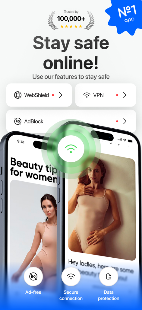 SafeX app interface showing online safety features including VPN AdBlock and WebShield for iPhone users.