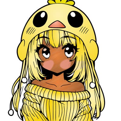 anime girl with chick shaped hat with sweater with bare shoulders with bangs covering them one eye with low tail