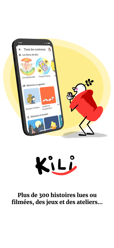 Smartphone displaying the KiLi app interface with categories for stories and children characters