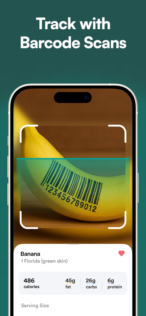 EatWell app barcode scanner interface displaying nutritional data and macros for a scanned banana.