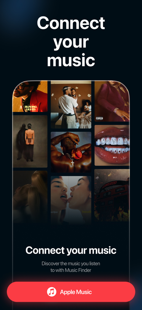 Music Finder: Song Recognition - Interfaz de la aplicación Music Finder que muestra la opción de conectarse con Apple Music con un fondo de portadas de álbumes populares.