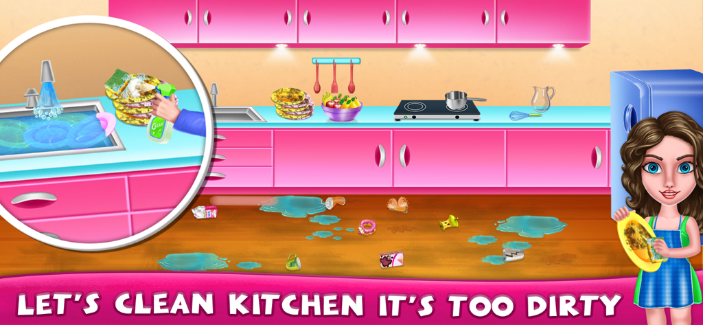 Messy House Cleaning Games - Uma garota de desenho animado limpando uma cozinha rosa bagunçada com pratos sujos e sujeira no chão.