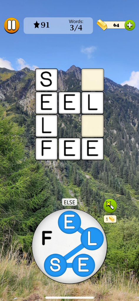 Word Tangle - Word Game - Word Tangle puzzle gameplay featuring a letter wheel and crossword grid over a mountain background.