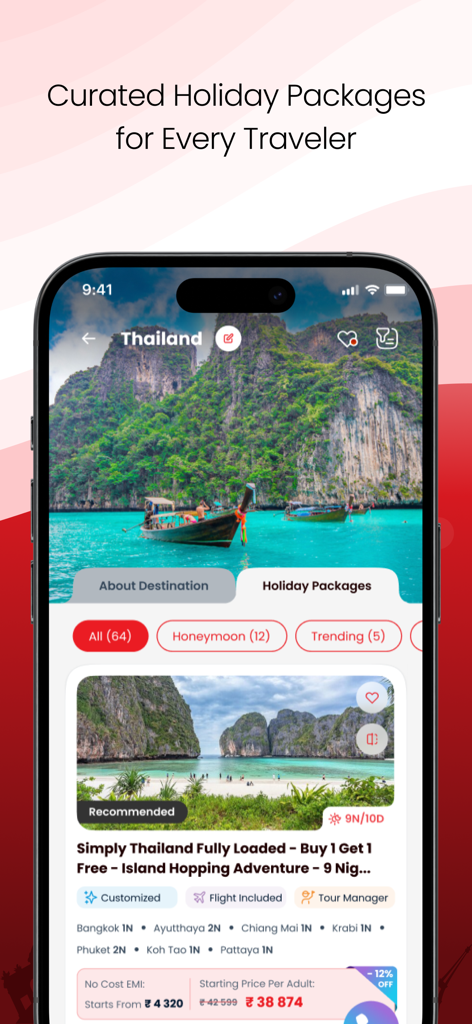 SOTC Holidays - SOTC app screen displaying curated Thailand holiday packages with pricing and itinerary details