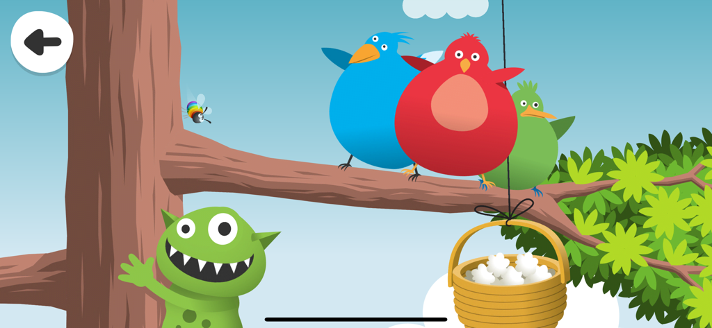 Radioapans kojträd - Round colorful birds sitting on a tree branch next to a waving green monster and a hanging basket of food