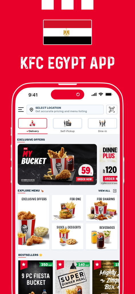 KFC Egypt - Order Food Online - Interfaz de la aplicación móvil KFC Egipto que muestra categorías de menú y ofertas especiales