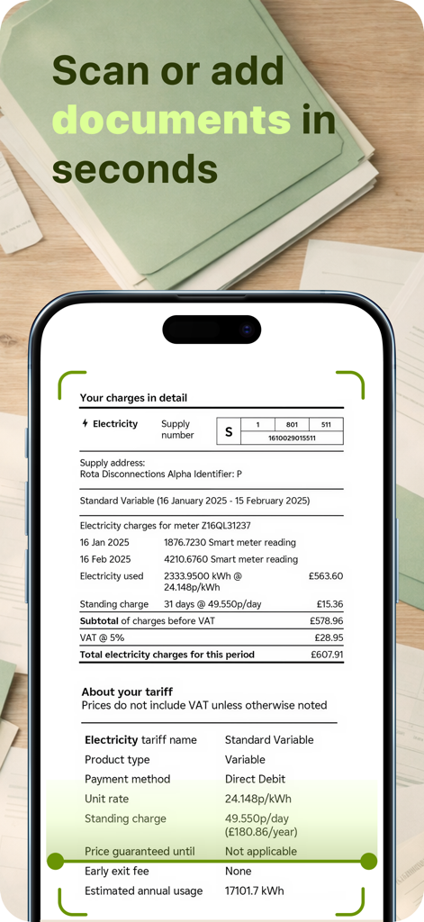 Aplicación móvil Docsy escaneando un documento en un iPhone usando tecnología IA