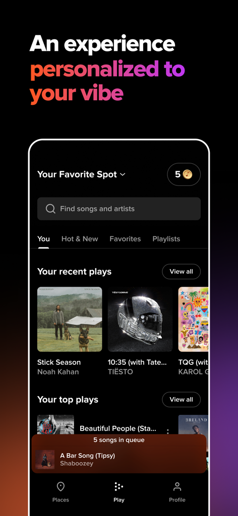 Interface of the TouchTunes mobile app showing personalized song recommendations and a music queue for a social venue