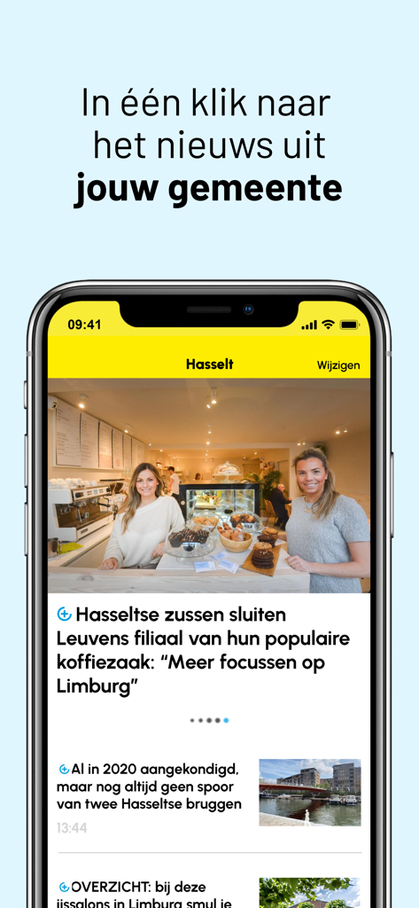 HBVL Nieuws - L'application HBVL Nieuws sur un smartphone affiche des articles d'actualité locale de la commune de Hasselt.