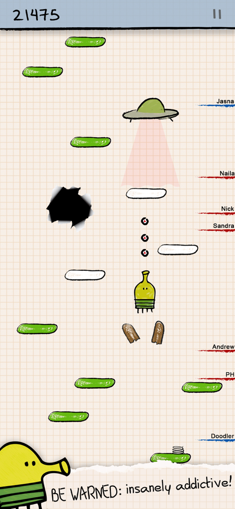 Doodle Jump Gameplay, das den Doodler zeigt, wie er auf Karopapier zwischen Plattformen an einem UFO und einem schwarzen Loch navigiert