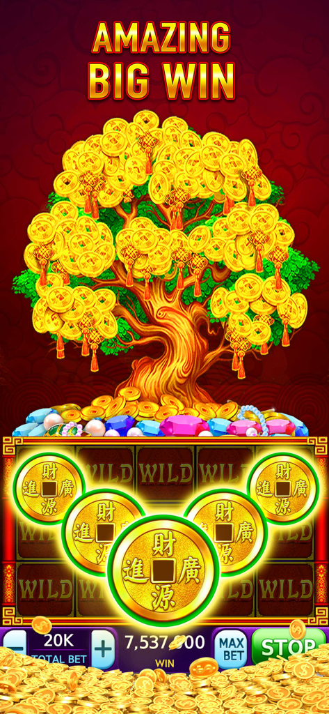 Slots: Vegas Casino Slot Games - Una schermata di grande vincita in un gioco di slot da casinò con un albero dei soldi dorato e grandi monete d'oro.