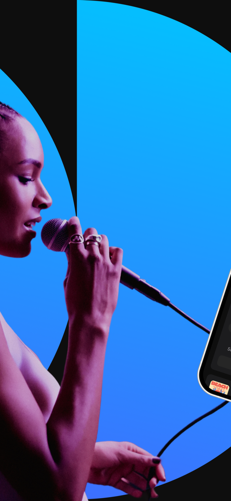 un:hurd: Music Marketing - Une artiste indépendante chantant dans un microphone avec un éclairage violet représentant la plateforme de marketing musical unhurd