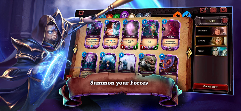 Runestrike CCG Kartensammlung-Bildschirm, der Fantasy-Runenkarten und eine Magierfigur mit dem Text "Beschwöre deine Truppen" zeigt