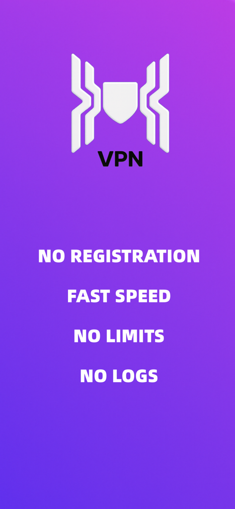 VPN Proxy Spider VPN app screen displaying key features like no registration fast speed and no limits on a purple background