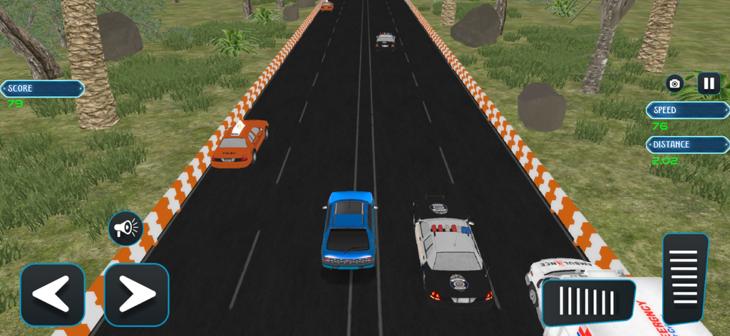 A blue car driving through highway traffic next to a police car and an ambulance in a mobile racing game.