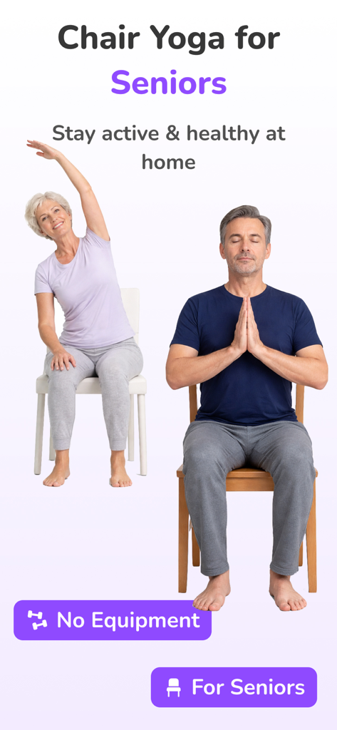 Dos personas mayores practicando yoga sentadas en sillas para mantenerse activas en casa