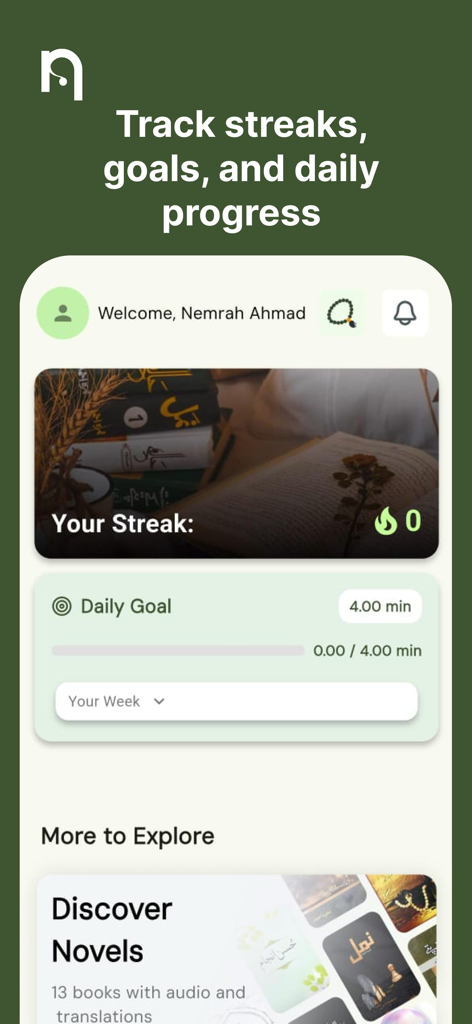 Nemrah Ahmad - Nemrah Ahmad app interface showing reading streaks and daily goals