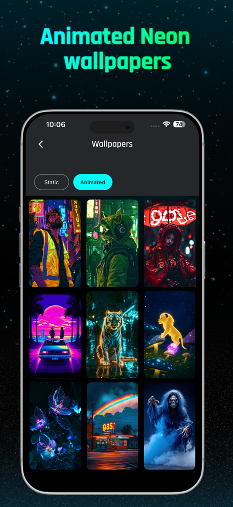Digital Neon Night Clock - Gallery of animated neon wallpapers featuring cyberpunk and synthwave aesthetic designs