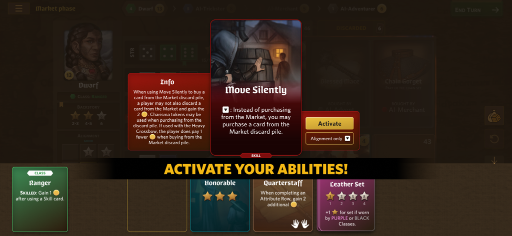 Roll Player - The Board Game - Roll Player board game interface showing the activation of a Move Silently skill card during the market phase.