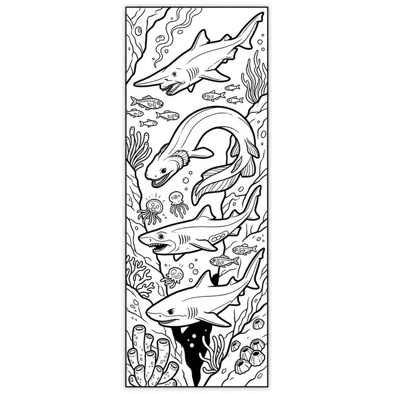Color a captivating deep-sea shark bookmark featuring unique marine life. This intricate design is perfect for ocean lovers to personalize their books.