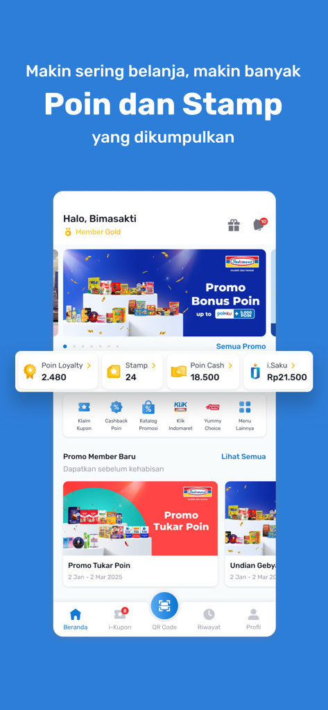 Indomaret Poinku - Indomaret Poinkuロイヤルティアプリのインターフェース。ポイントとスタンプが表示されています。