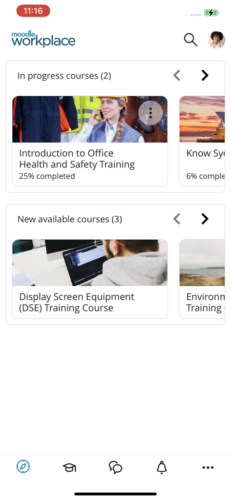 Moodle Workplace - Moodle Workplace mobile app learner dashboard showing in-progress and available corporate training courses.