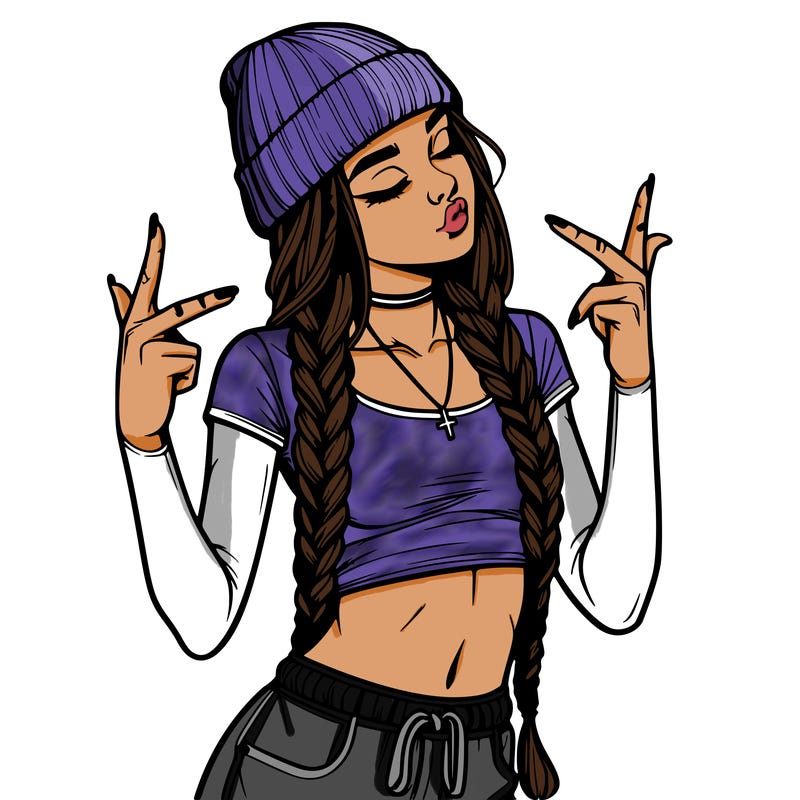realistic teenage girl with braids and a beanie and crop top doing 🫶🏼
