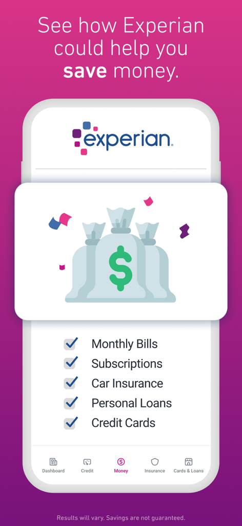 Experian® - Experian app interface displaying how to save money on monthly bills, subscriptions, and car insurance.