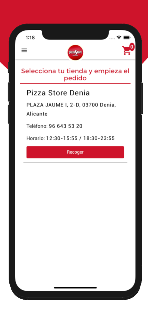 PizzaStore - Mobile Bildschirmansicht der PizzaStore App, die die Geschäftsadresse und die Abholoption für den Standort Denia anzeigt