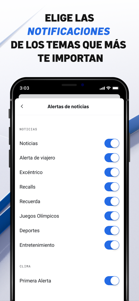 Telemundo Nueva Inglaterra - Écran affichant les paramètres personnalisables des notifications d'actualités et de météo en espagnol