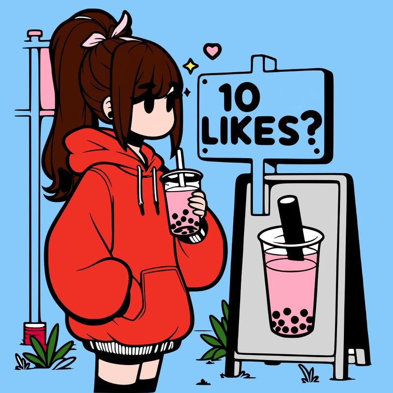 girl with oversized hoodie drinking boba and she has a high ponytail with a sign that says 10likes?