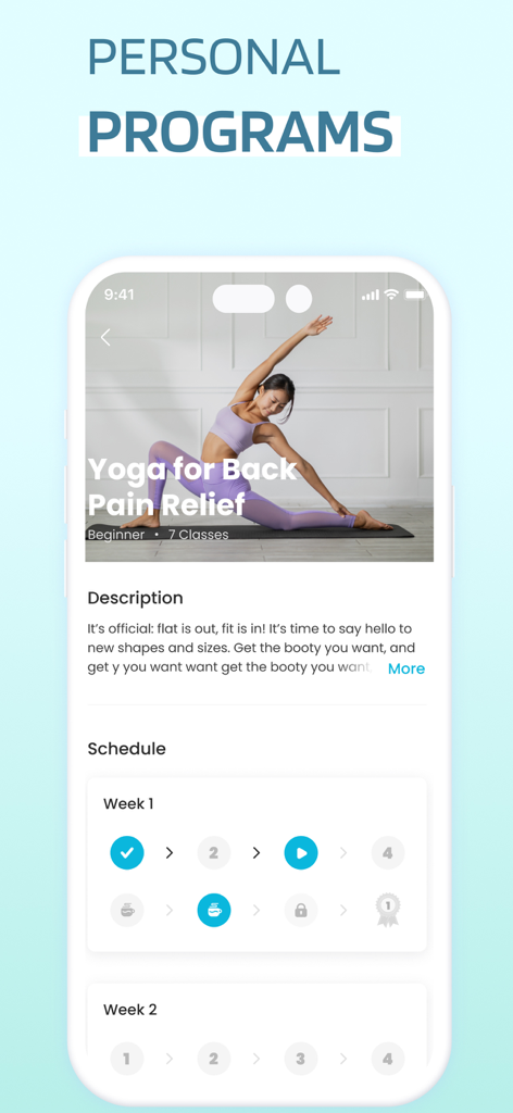 YogaFit app interface showing personal yoga programs and a weekly training schedule