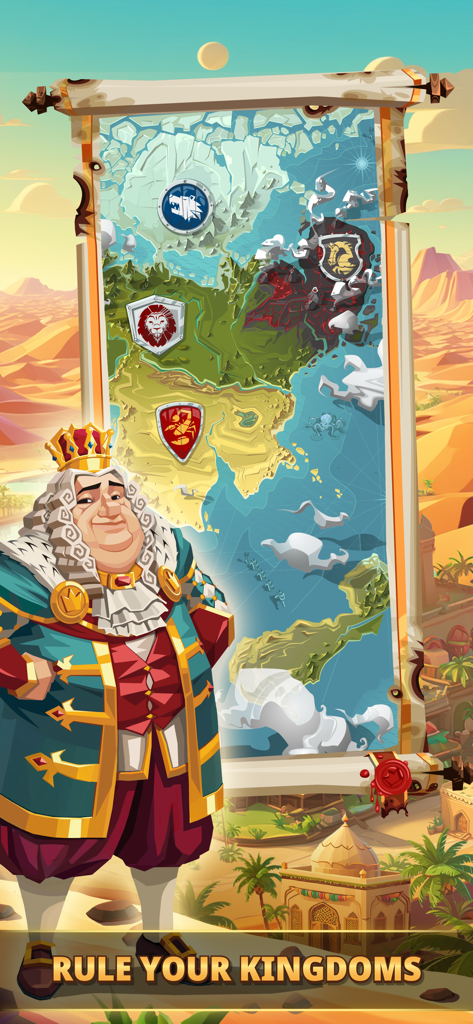A medieval king posing in front of a kingdom map with the title Rule Your Kingdoms