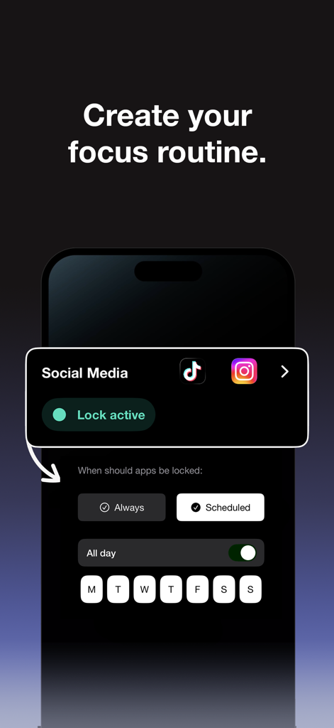 Blank Spaces Launcher (-) - Interface de l'application Blank Spaces montrant une routine de concentration pour verrouiller les applications de médias sociaux comme TikTok et Instagram selon un calendrier.