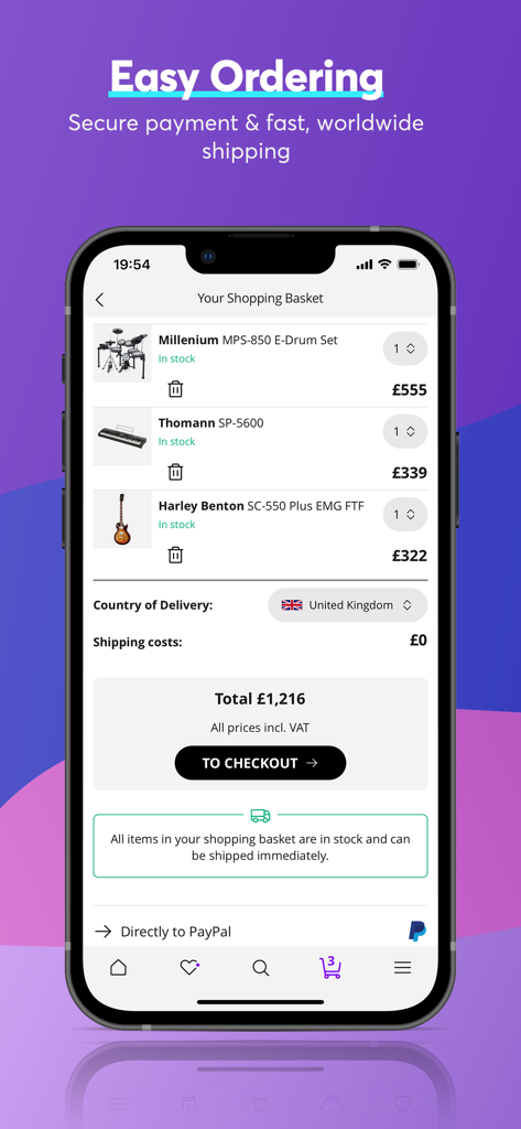 Thomann Official - Smartphone screen displaying the Thomann app shopping basket with music gear and a checkout button