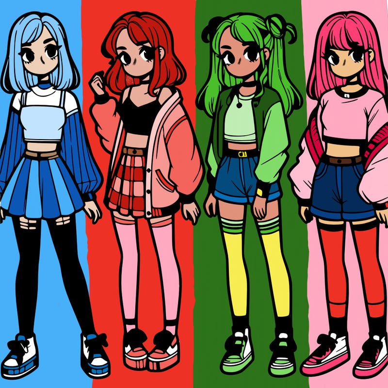 one girl with crop-top shirt and a jacket with a skirt, long socks and another girl with a shirt and pants with a jacket