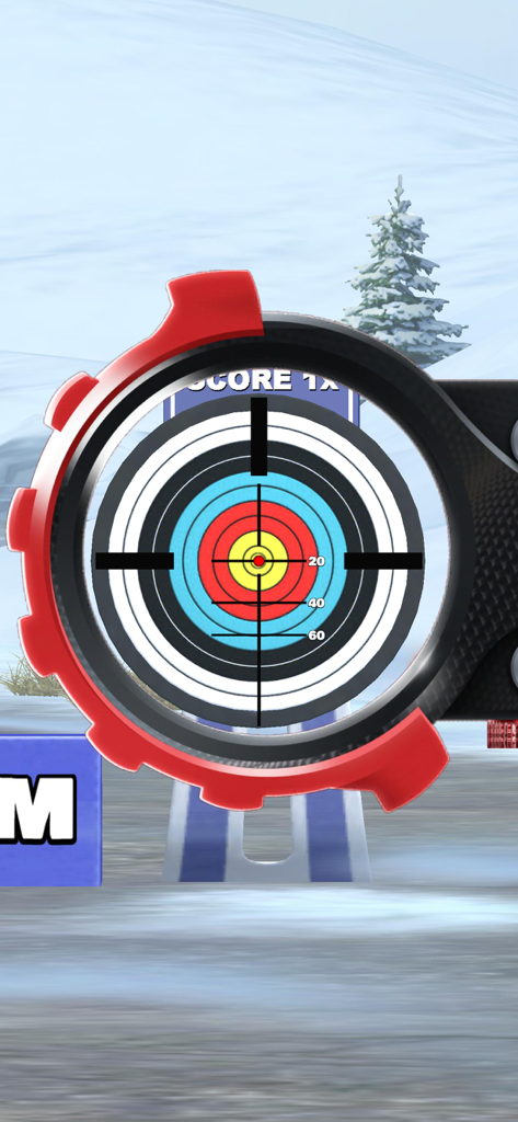 First-person view of aiming a bow through a red sight at a colorful target in a snowy landscape