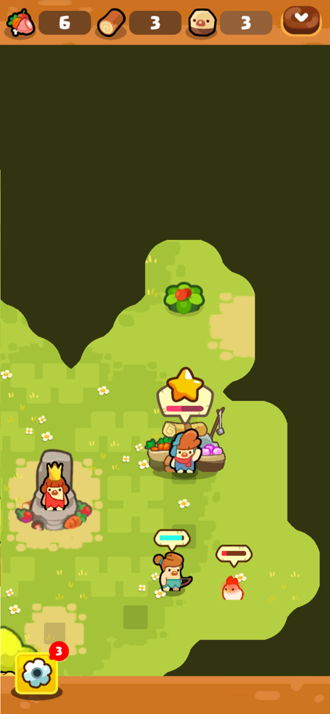 God of World - Gameplay-Screenshot von God of World, der ein niedliches Steinzeitdorf mit einem König auf einem Thron und Ressourcensammlung zeigt