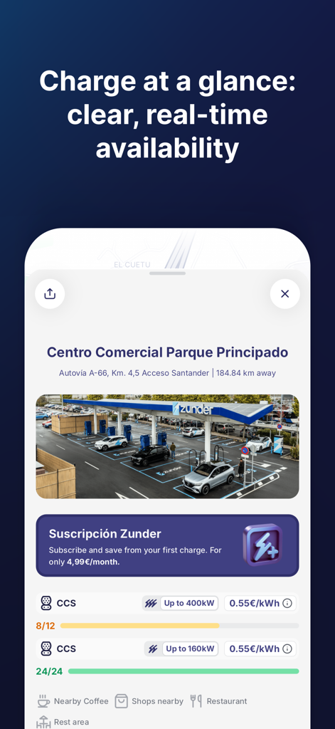 Zunder app interface showing real-time charging station status and power details