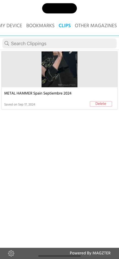 Saved clippings section in the Metal Hammer digital magazine app showing a saved entry from September 2024