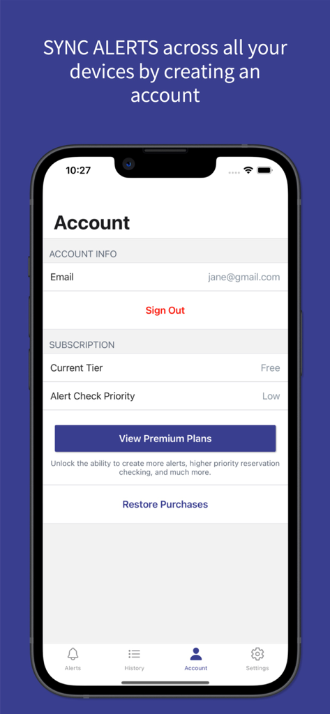 MagicTable app account page showing sync alert options and subscription tier status