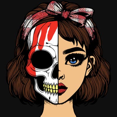 realistic girl with half skull mask